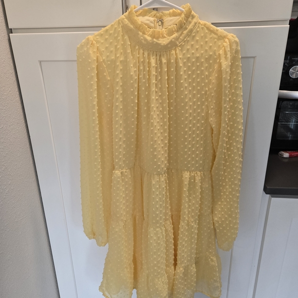 Yellow Sheer Tiered Long Sleeve Mock Neck Textured Mini Dress - Picture 1 of 10